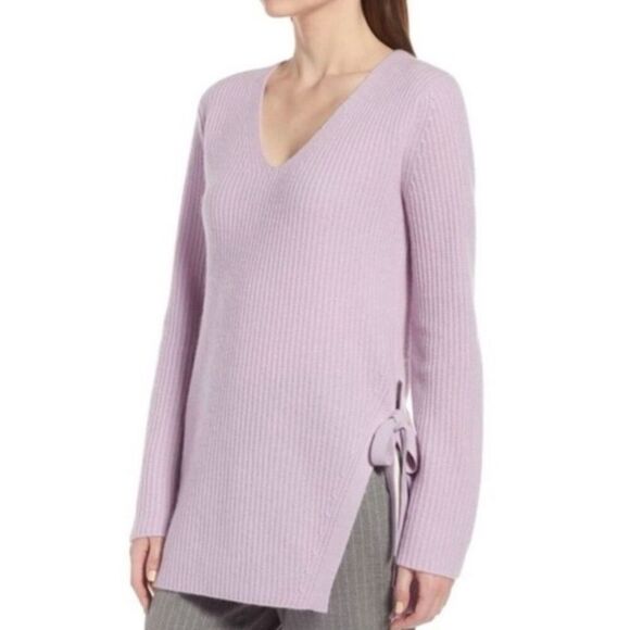 Halogen 100% cashmere purple ribbed vneck tie side sweater small - Picture 2 of 12
